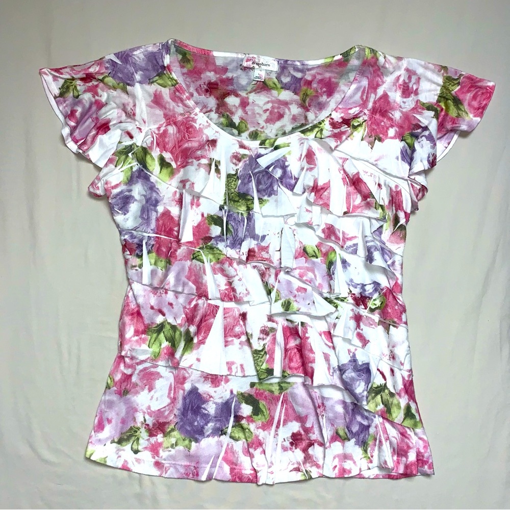 Floral Blouse Top Women’s Large Pink Multicolor Flowy Shirt Tiered Ruffle Loose